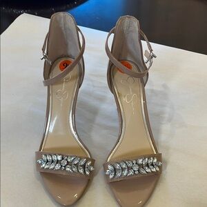 Elegant Beige Women's Heels with Rhinestone Detailing